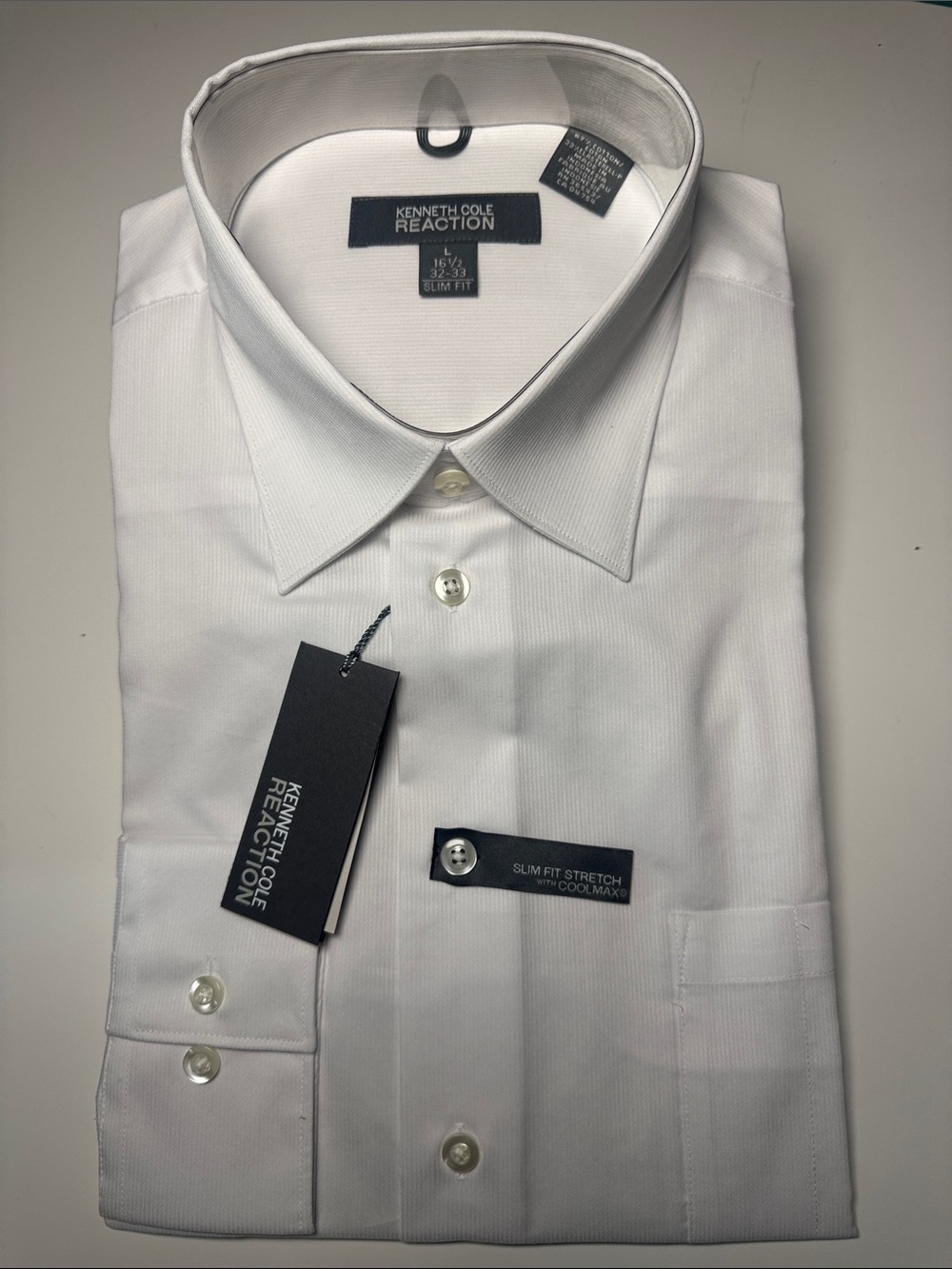 Kenneth Cole Reaction Men's White Slim Fit Stretch Dress Shirt - Point Collar